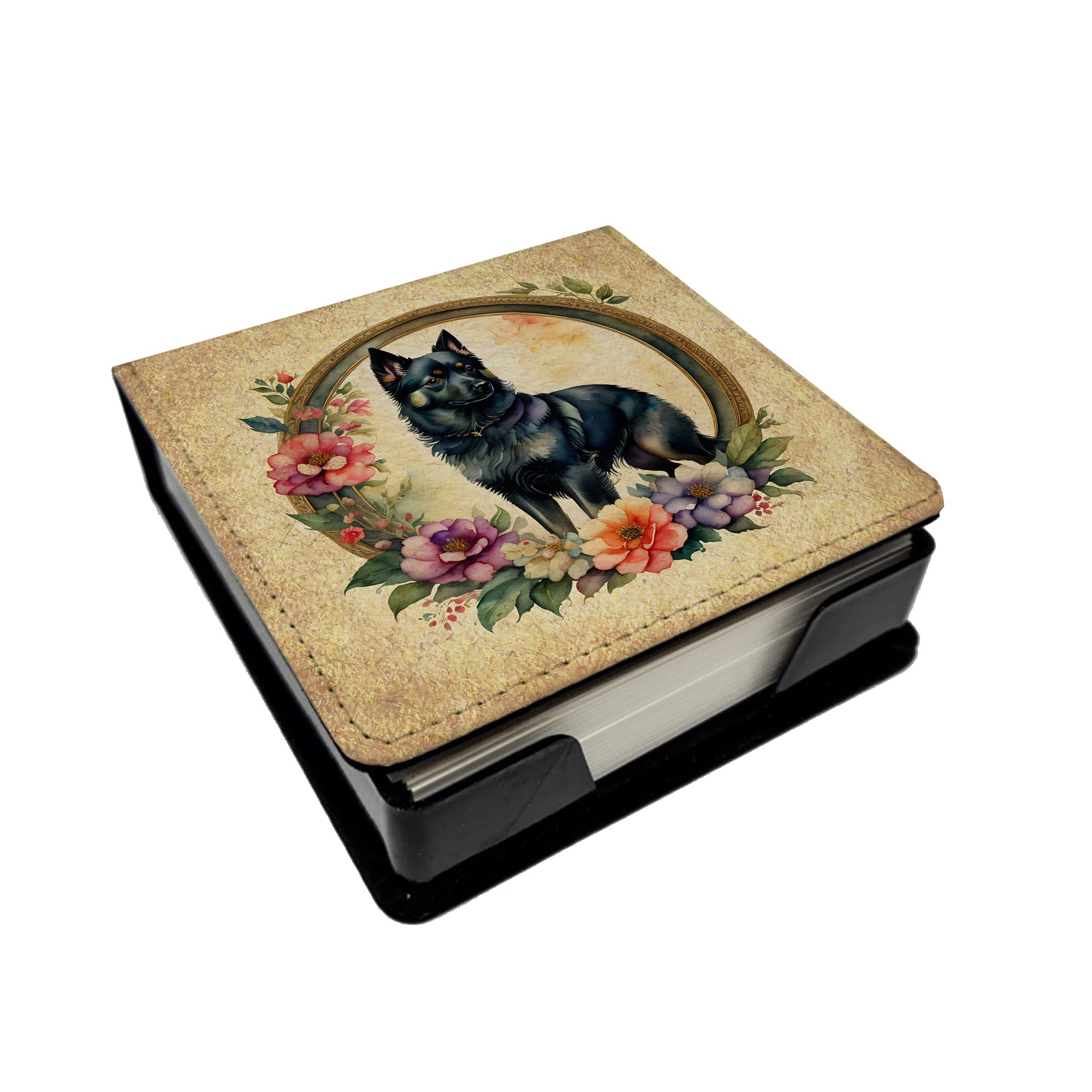 Schipperke and Flowers PU Leather Note Paper Holder with Artist-Designed Cover, Desk Accessory, Office Gift