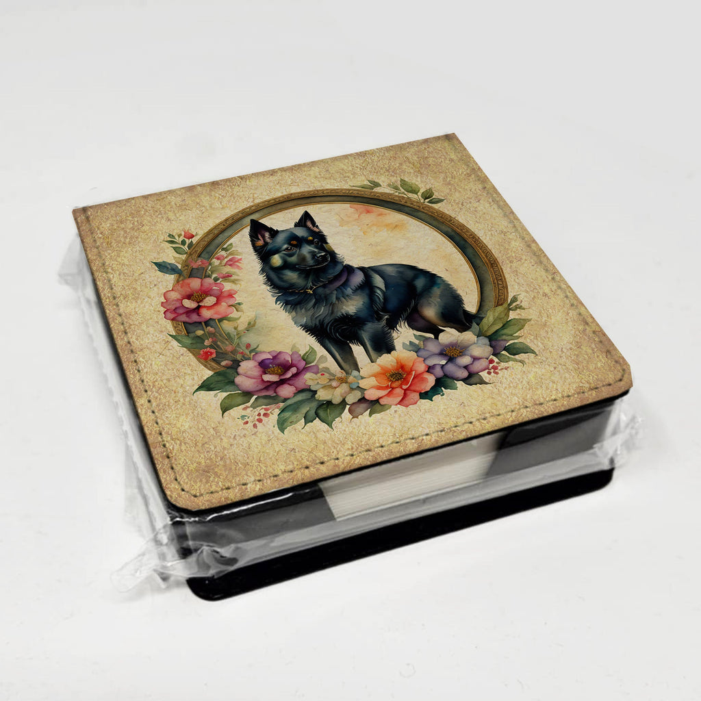 Schipperke and Flowers PU Leather Note Paper Holder with Artist-Designed Cover, Desk Accessory, Office Gift