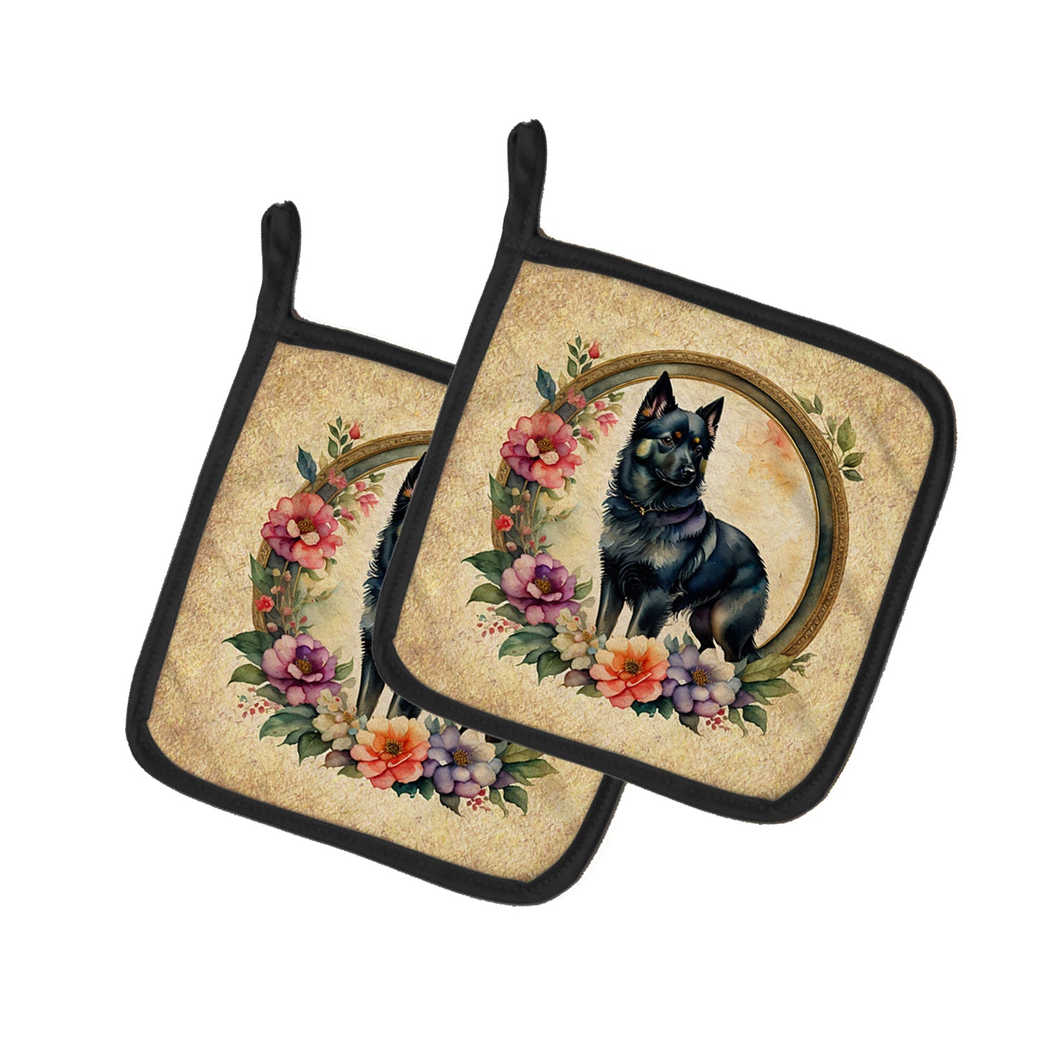 Schipperke and Flowers Pot Holder Set of 2 Heat Resistant Quilted Hot Pads 7.5 x 7.5 Inch, Insulated Kitchen Trivets for Cooking & Baking