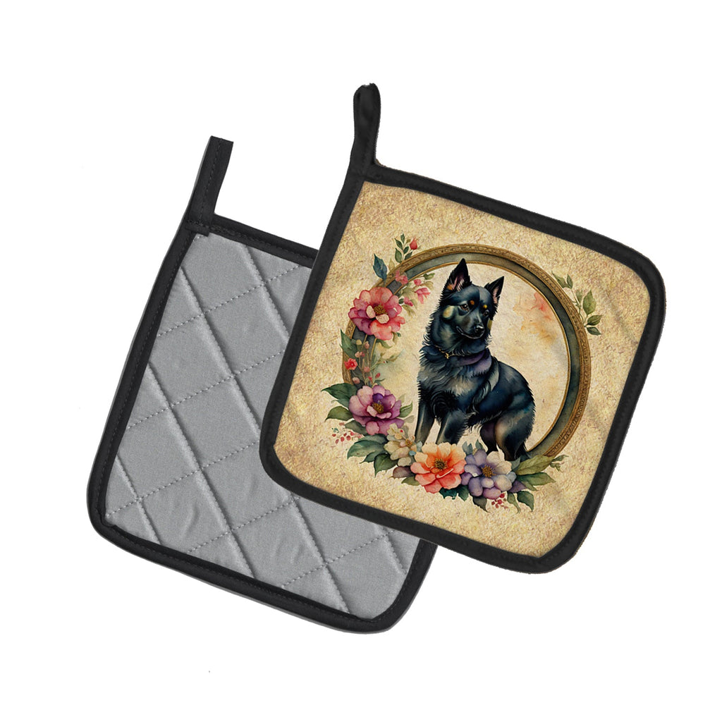 Schipperke and Flowers Pot Holder Set of 2 Heat Resistant Quilted Hot Pads 7.5 x 7.5 Inch, Insulated Kitchen Trivets for Cooking & Baking