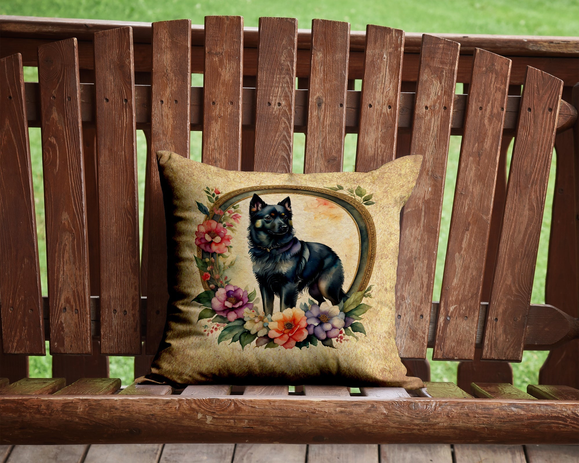 Schipperke and Flowers Decorative Throw Pillow 14x14 Indoor Outdoor Accent Cushion, Fabric Cover with Insert for Sofa, Bed, Porch & Living Room