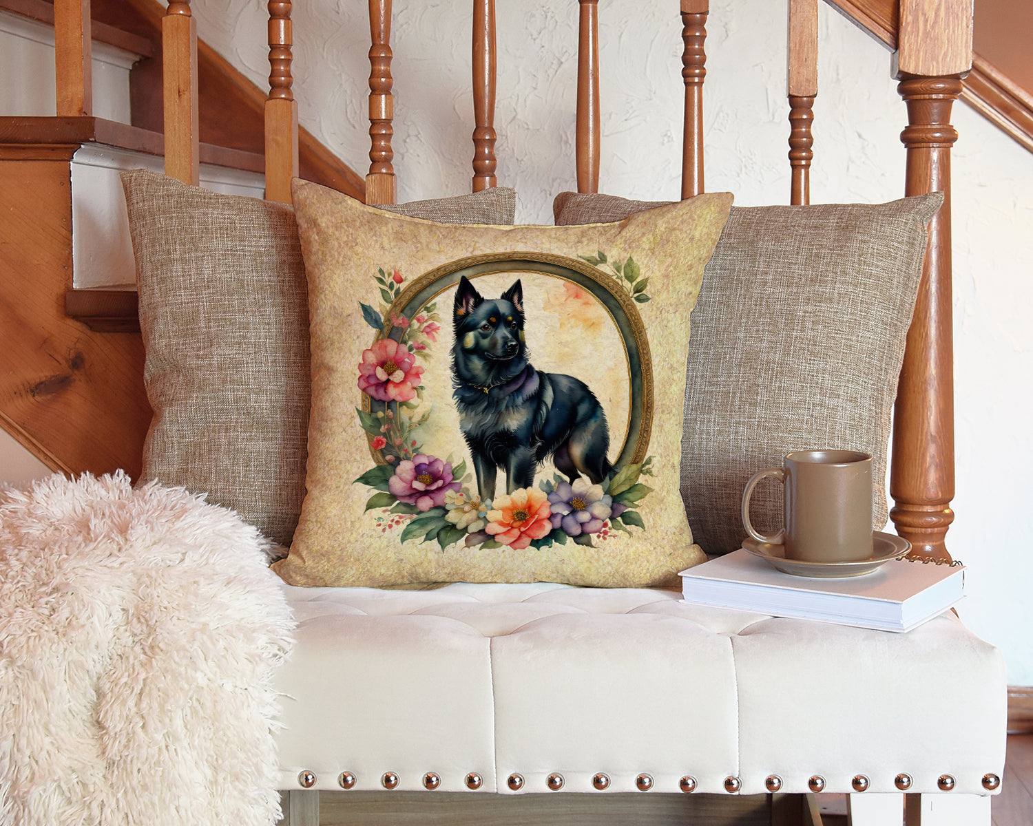 Schipperke and Flowers Decorative Throw Pillow 14x14 Indoor Outdoor Accent Cushion, Fabric Cover with Insert for Sofa, Bed, Porch & Living Room