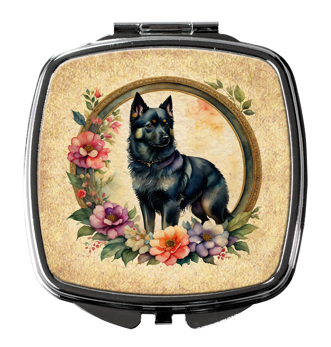 Schipperke and Flowers Compact Mirror Decorative Travel Makeup Mirror for Women Girls Gifts Pocket Makeup Mirror Folding Handheld