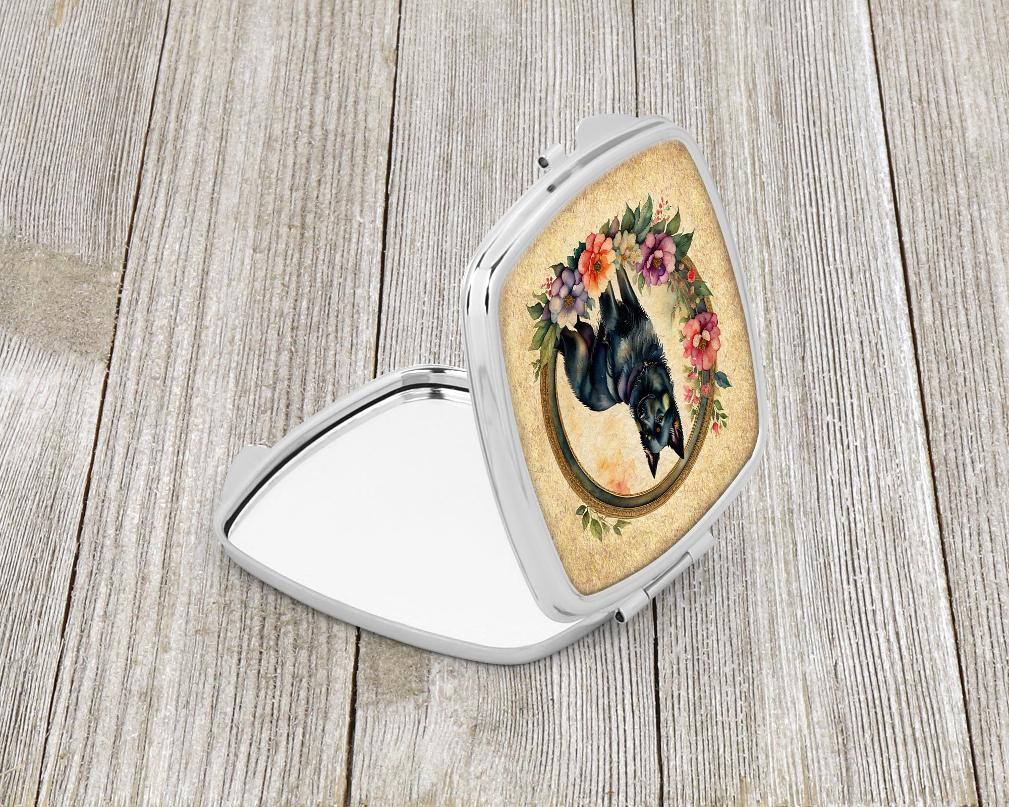 Schipperke and Flowers Compact Mirror Decorative Travel Makeup Mirror for Women Girls Gifts Pocket Makeup Mirror Folding Handheld