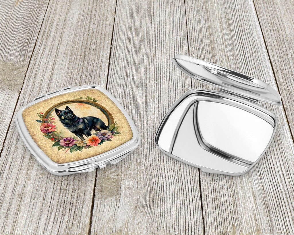 Schipperke and Flowers Compact Mirror Decorative Travel Makeup Mirror for Women Girls Gifts Pocket Makeup Mirror Folding Handheld