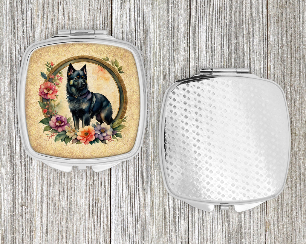 Schipperke and Flowers Compact Mirror Decorative Travel Makeup Mirror for Women Girls Gifts Pocket Makeup Mirror Folding Handheld