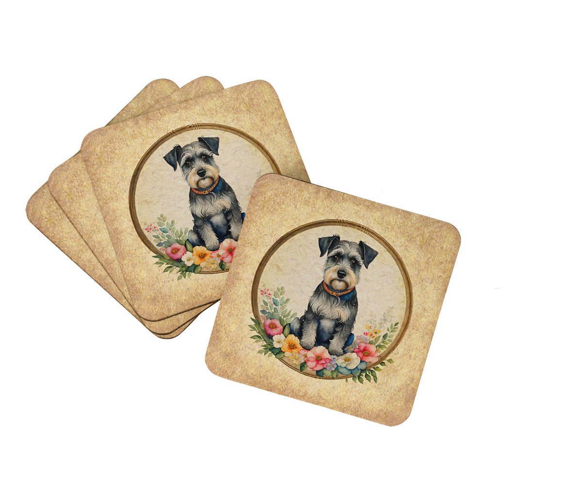 Schnauzer and Flowers Foam Coasters Set of 4 Cup Coasters for Indoor Outdoor, Tabletop Protection, Anti Slip, Mouse pad Material