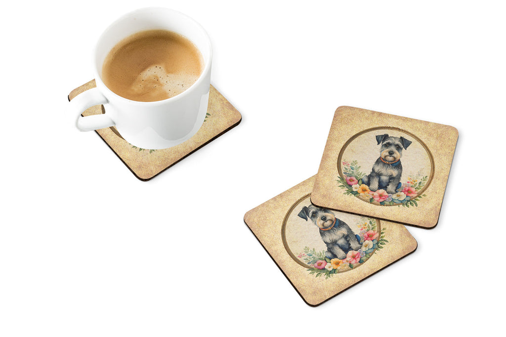 Schnauzer and Flowers Foam Coasters Set of 4 Cup Coasters for Indoor Outdoor, Tabletop Protection, Anti Slip, Mouse pad Material