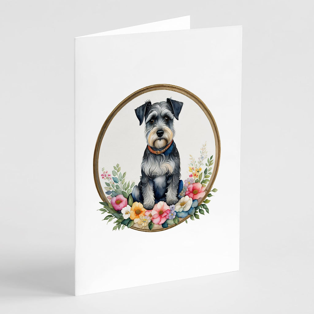 Schnauzer and Flowers Greeting Cards Pack of 8 Blank Cards with Envelopes Whimsical A7 Size 5x7