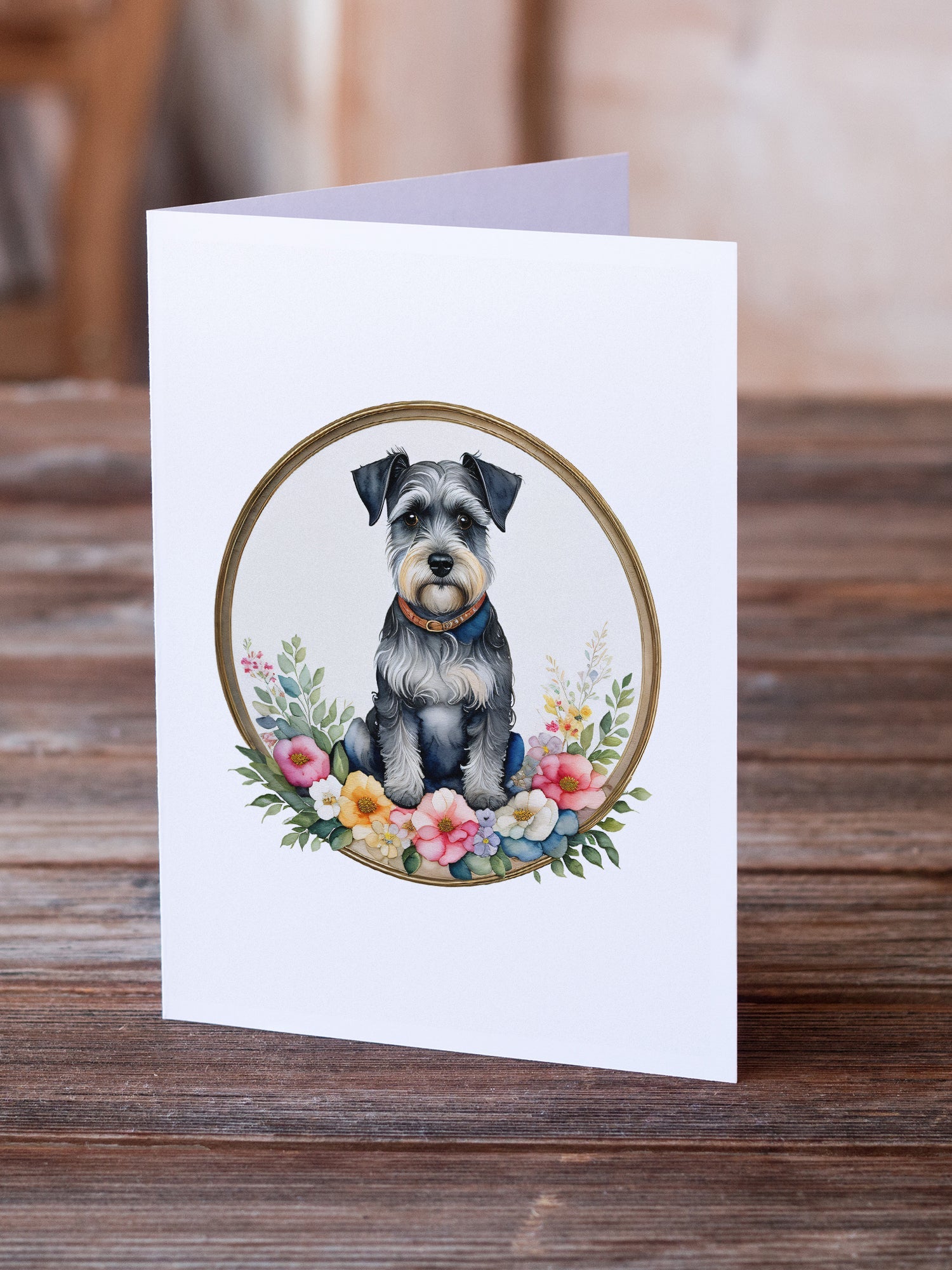 Schnauzer and Flowers Greeting Cards Pack of 8 Blank Cards with Envelopes Whimsical A7 Size 5x7