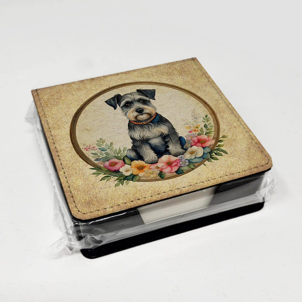 Schnauzer and Flowers PU Leather Note Paper Holder with Artist-Designed Cover, Desk Accessory, Office Gift