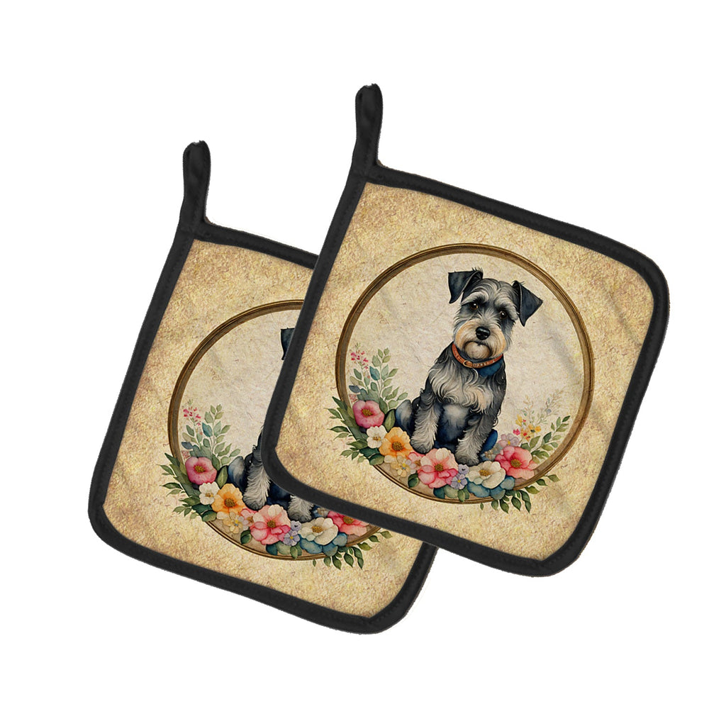 Schnauzer and Flowers Pot Holder Set of 2 Heat Resistant Quilted Hot Pads 7.5 x 7.5 Inch, Insulated Kitchen Trivets for Cooking & Baking