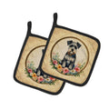 Schnauzer and Flowers Pot Holder Set of 2 Heat Resistant Quilted Hot Pads 7.5 x 7.5 Inch, Insulated Kitchen Trivets for Cooking & Baking