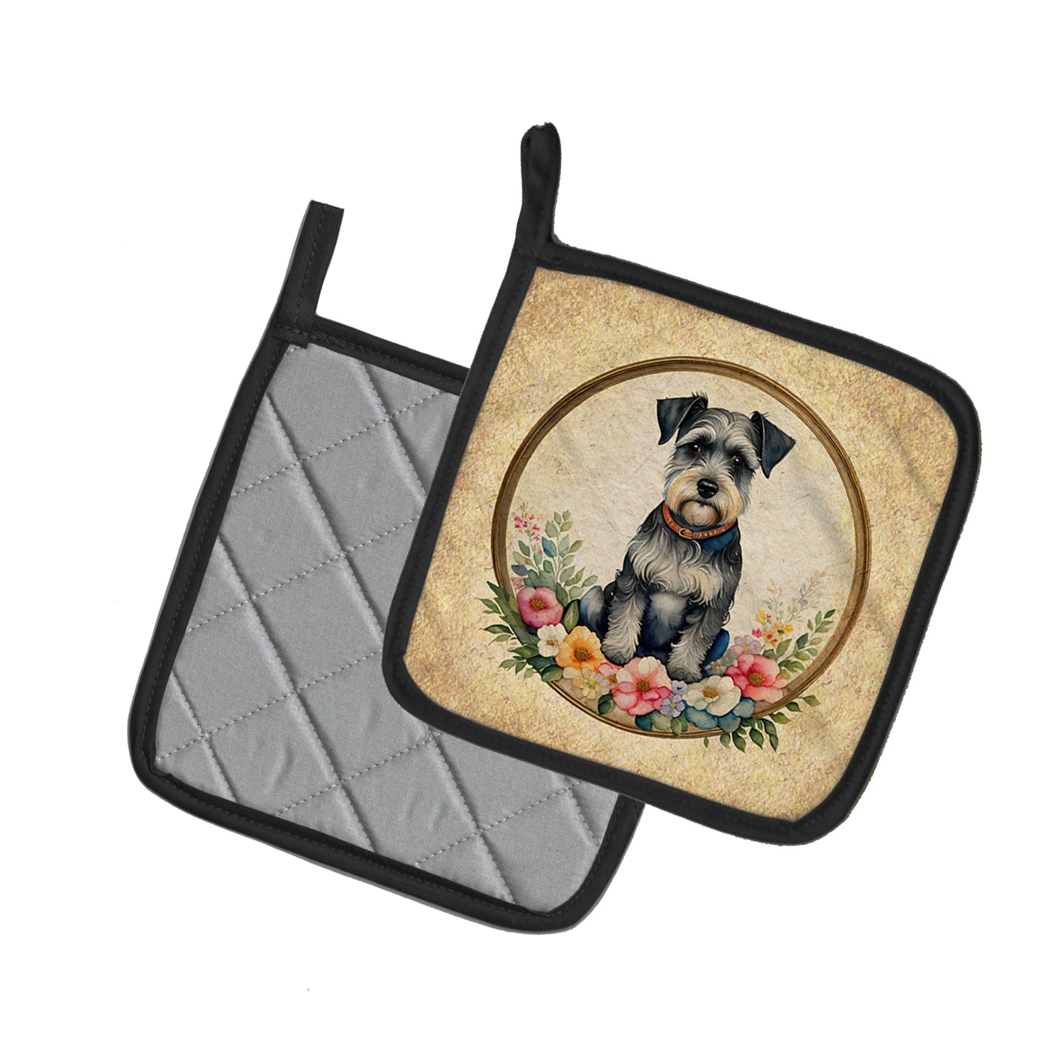 Schnauzer and Flowers Pot Holder Set of 2 Heat Resistant Quilted Hot Pads 7.5 x 7.5 Inch, Insulated Kitchen Trivets for Cooking & Baking