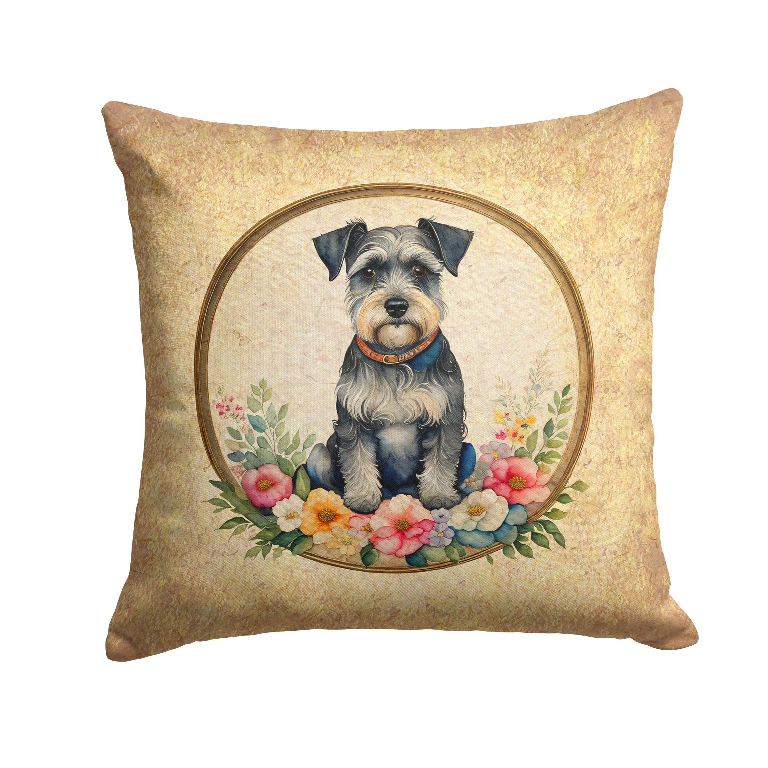 Schnauzer and Flowers Decorative Throw Pillow 14x14 Indoor Outdoor Accent Cushion, Fabric Cover with Insert for Sofa, Bed, Porch & Living Room
