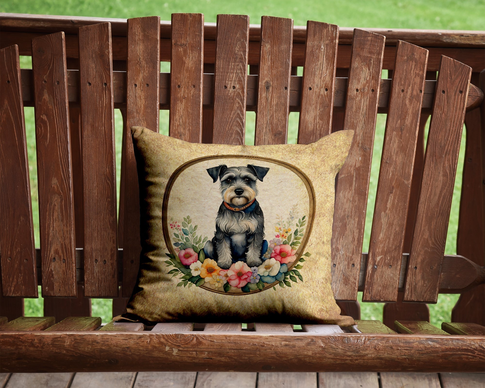 Schnauzer and Flowers Decorative Throw Pillow 14x14 Indoor Outdoor Accent Cushion, Fabric Cover with Insert for Sofa, Bed, Porch & Living Room