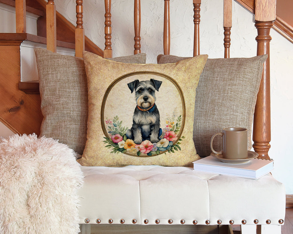 Schnauzer and Flowers Decorative Throw Pillow 14x14 Indoor Outdoor Accent Cushion, Fabric Cover with Insert for Sofa, Bed, Porch & Living Room