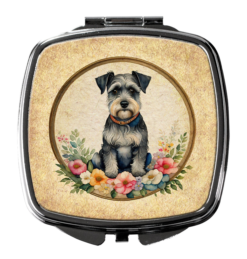 Schnauzer and Flowers Compact Mirror Decorative Travel Makeup Mirror for Women Girls Gifts Pocket Makeup Mirror Folding Handheld