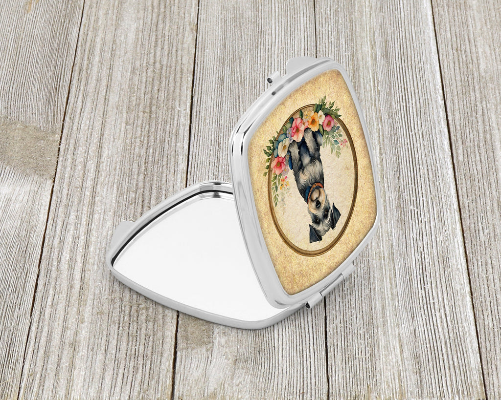 Schnauzer and Flowers Compact Mirror Decorative Travel Makeup Mirror for Women Girls Gifts Pocket Makeup Mirror Folding Handheld