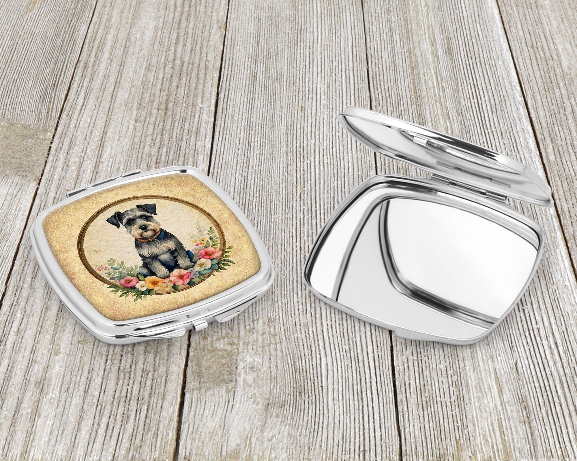 Schnauzer and Flowers Compact Mirror Decorative Travel Makeup Mirror for Women Girls Gifts Pocket Makeup Mirror Folding Handheld