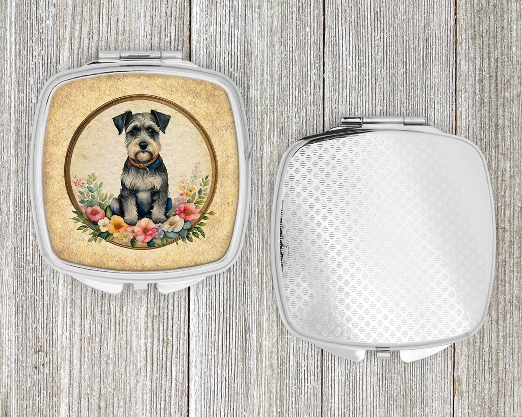 Schnauzer and Flowers Compact Mirror Decorative Travel Makeup Mirror for Women Girls Gifts Pocket Makeup Mirror Folding Handheld