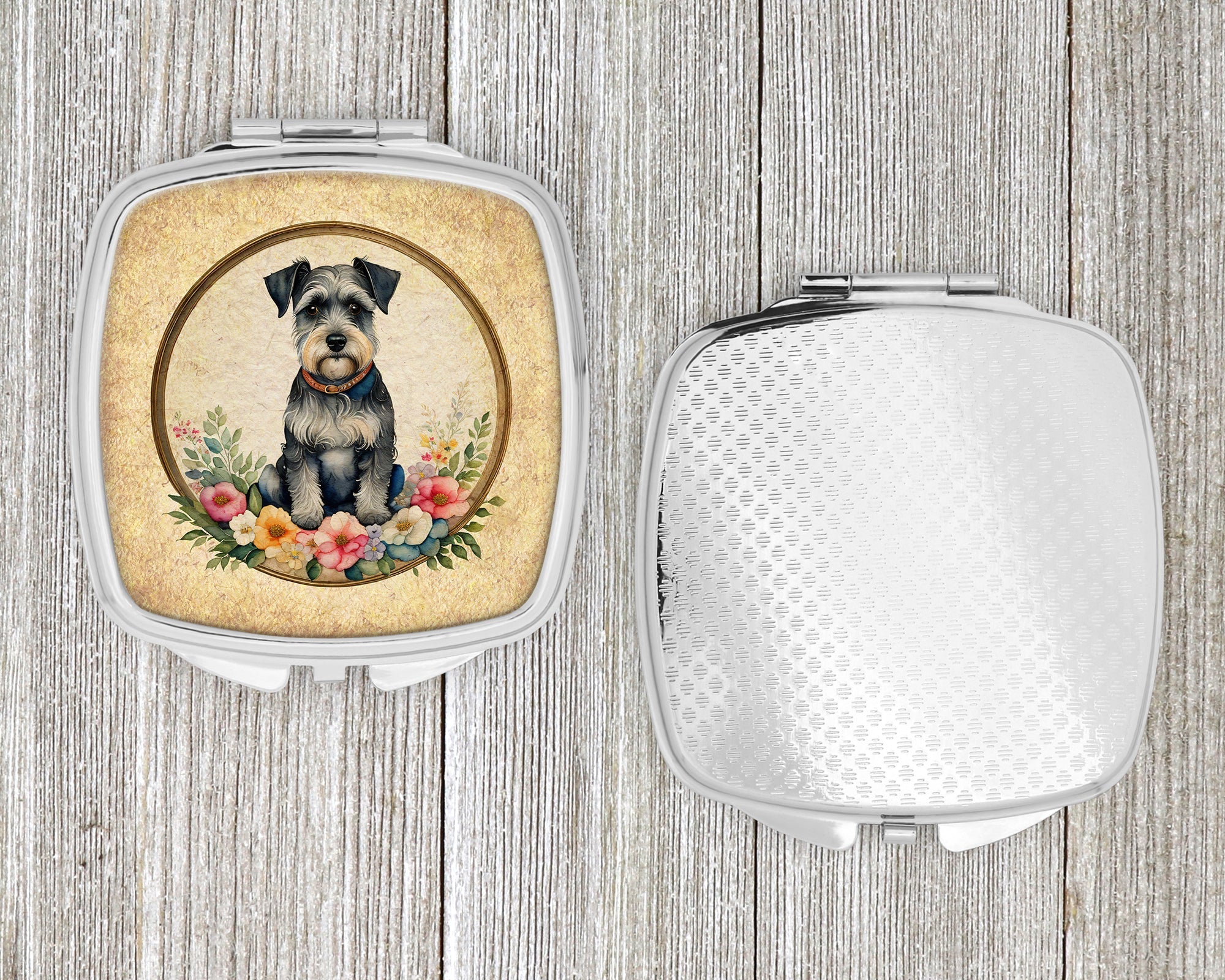 Schnauzer and Flowers Compact Mirror Decorative Travel Makeup Mirror for Women Girls Gifts Pocket Makeup Mirror Folding Handheld