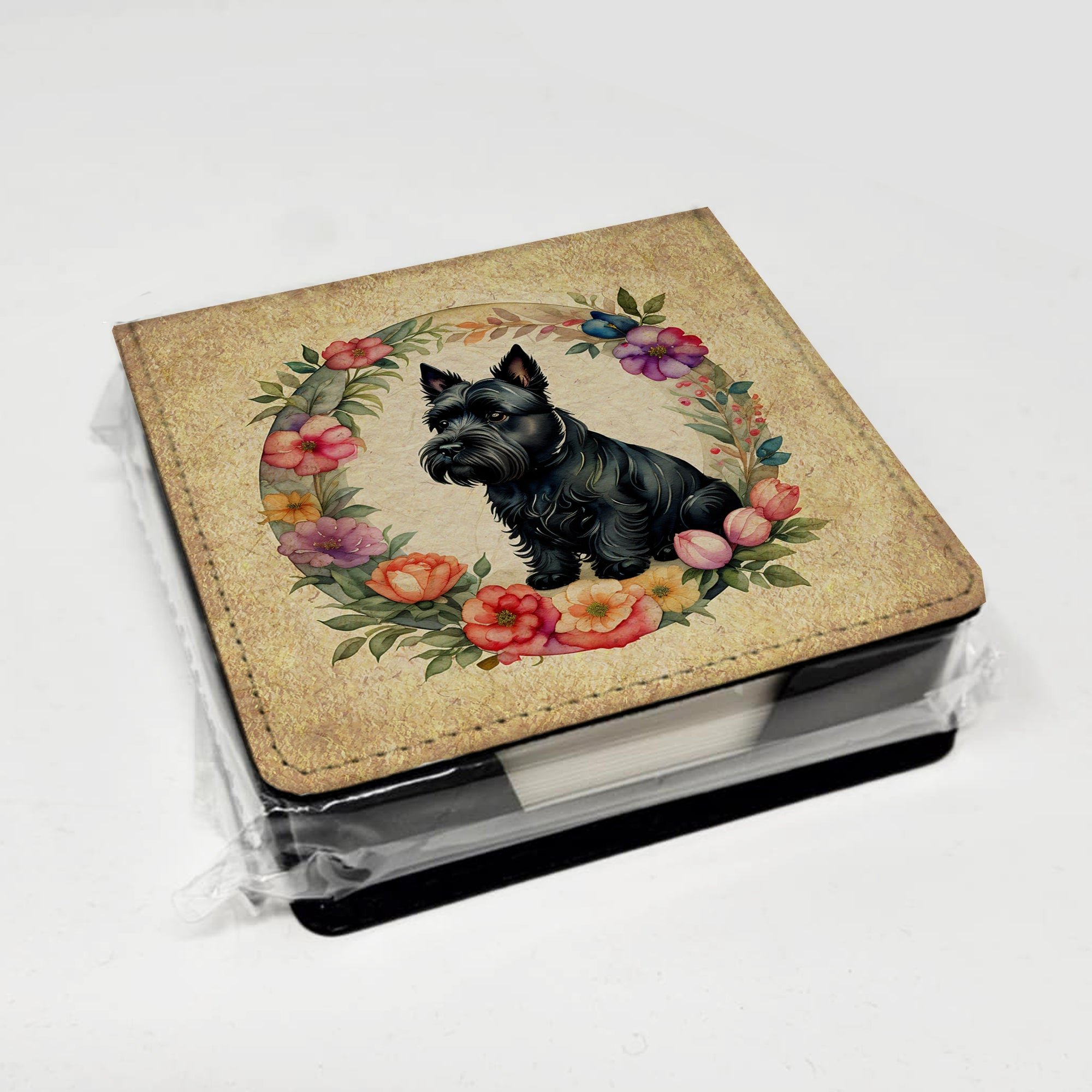 Scottish Terrier and Flowers PU Leather Note Paper Holder with Artist-Designed Cover, Desk Accessory, Office Gift