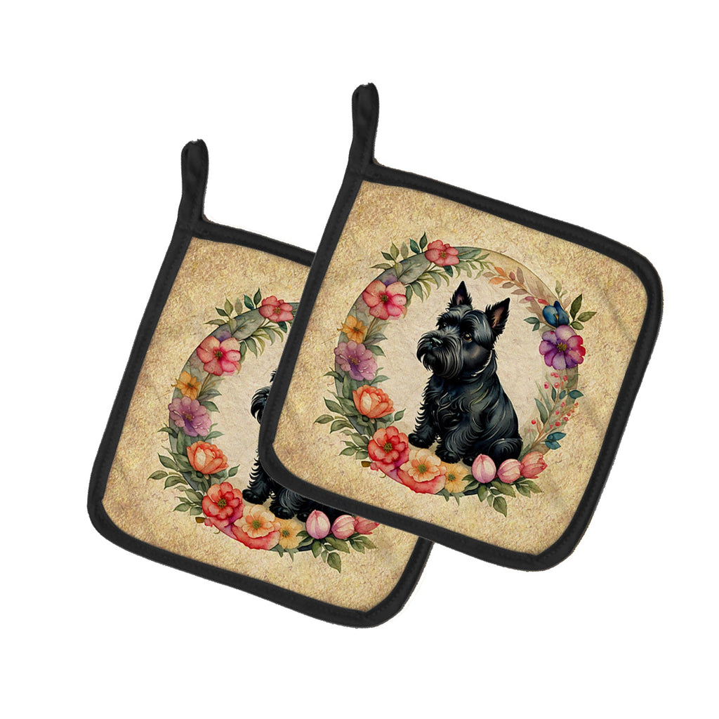 Scottish Terrier and Flowers Pot Holder Set of 2 Heat Resistant Quilted Hot Pads 7.5 x 7.5 Inch, Insulated Kitchen Trivets for Cooking & Baking
