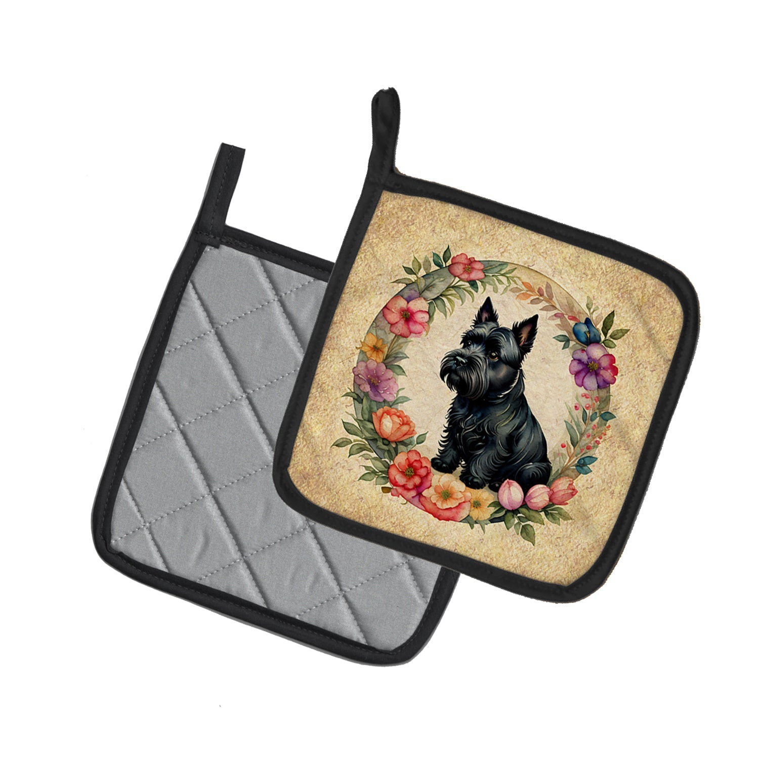 Scottish Terrier and Flowers Pot Holder Set of 2 Heat Resistant Quilted Hot Pads 7.5 x 7.5 Inch, Insulated Kitchen Trivets for Cooking & Baking