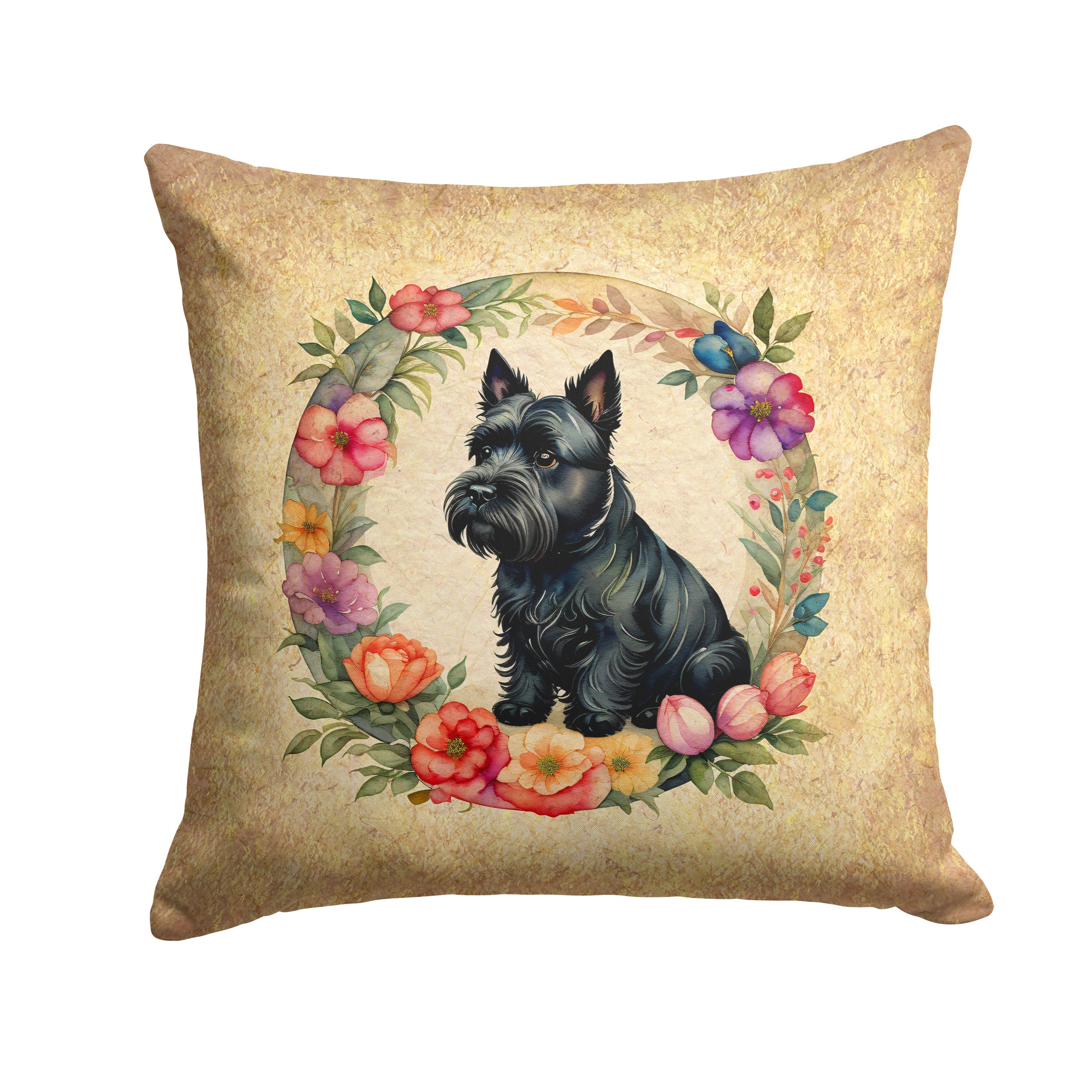 Scottish Terrier and Flowers Decorative Throw Pillow 14x14 Indoor Outdoor Accent Cushion, Fabric Cover with Insert for Sofa, Bed, Porch & Living Room