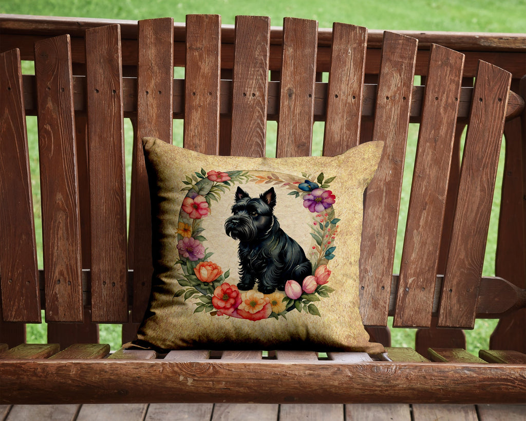 Scottish Terrier and Flowers Decorative Throw Pillow 14x14 Indoor Outdoor Accent Cushion, Fabric Cover with Insert for Sofa, Bed, Porch & Living Room