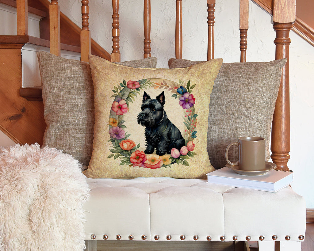 Scottish Terrier and Flowers Decorative Throw Pillow 14x14 Indoor Outdoor Accent Cushion, Fabric Cover with Insert for Sofa, Bed, Porch & Living Room