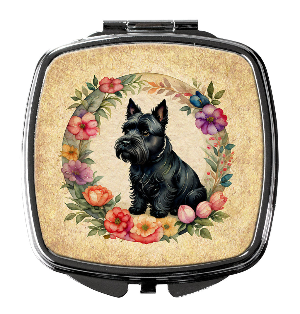 Scottish Terrier and Flowers Compact Mirror Decorative Travel Makeup Mirror for Women Girls Gifts Pocket Makeup Mirror Folding Handheld