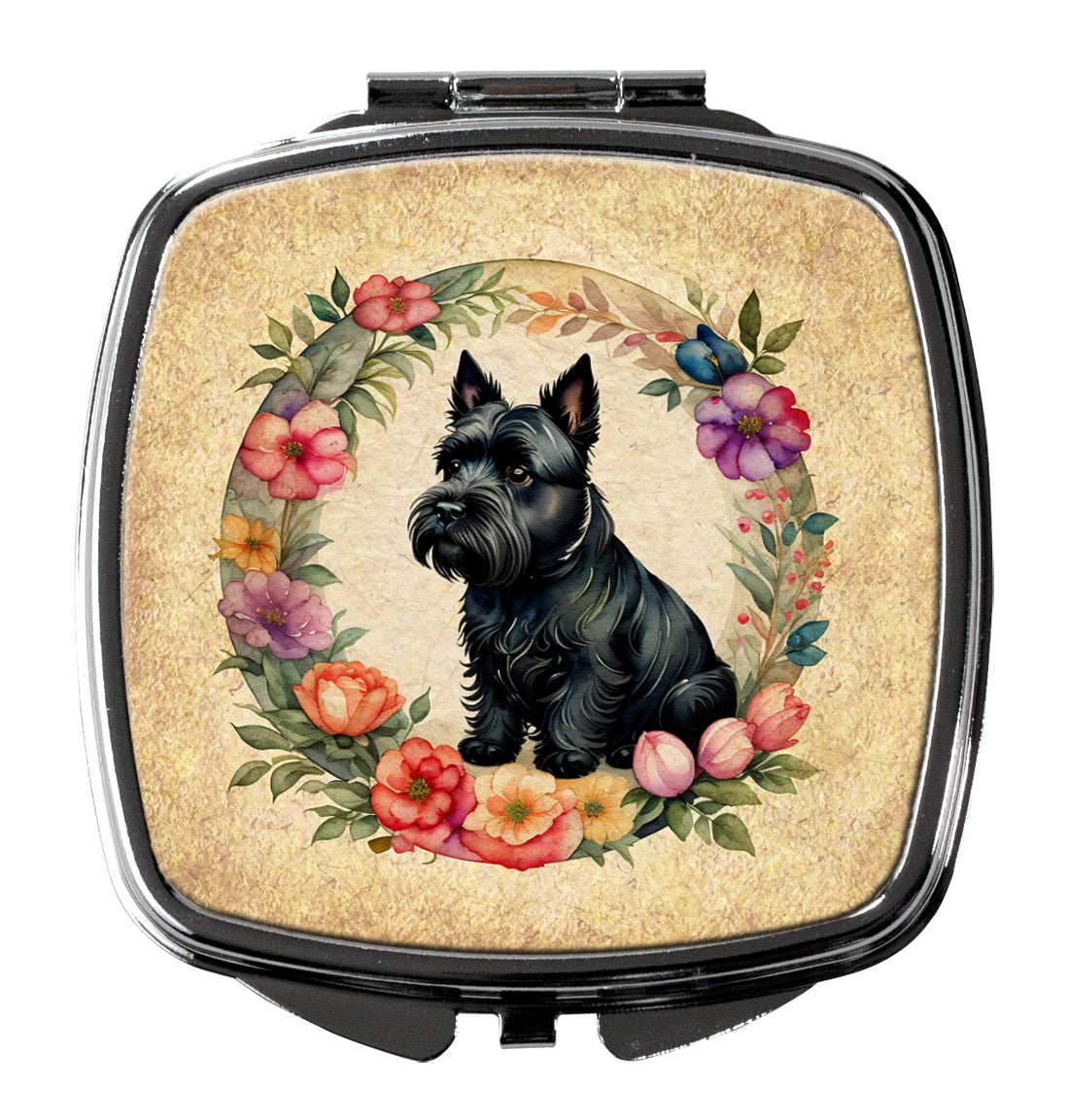 Scottish Terrier and Flowers Compact Mirror Decorative Travel Makeup Mirror for Women Girls Gifts Pocket Makeup Mirror Folding Handheld