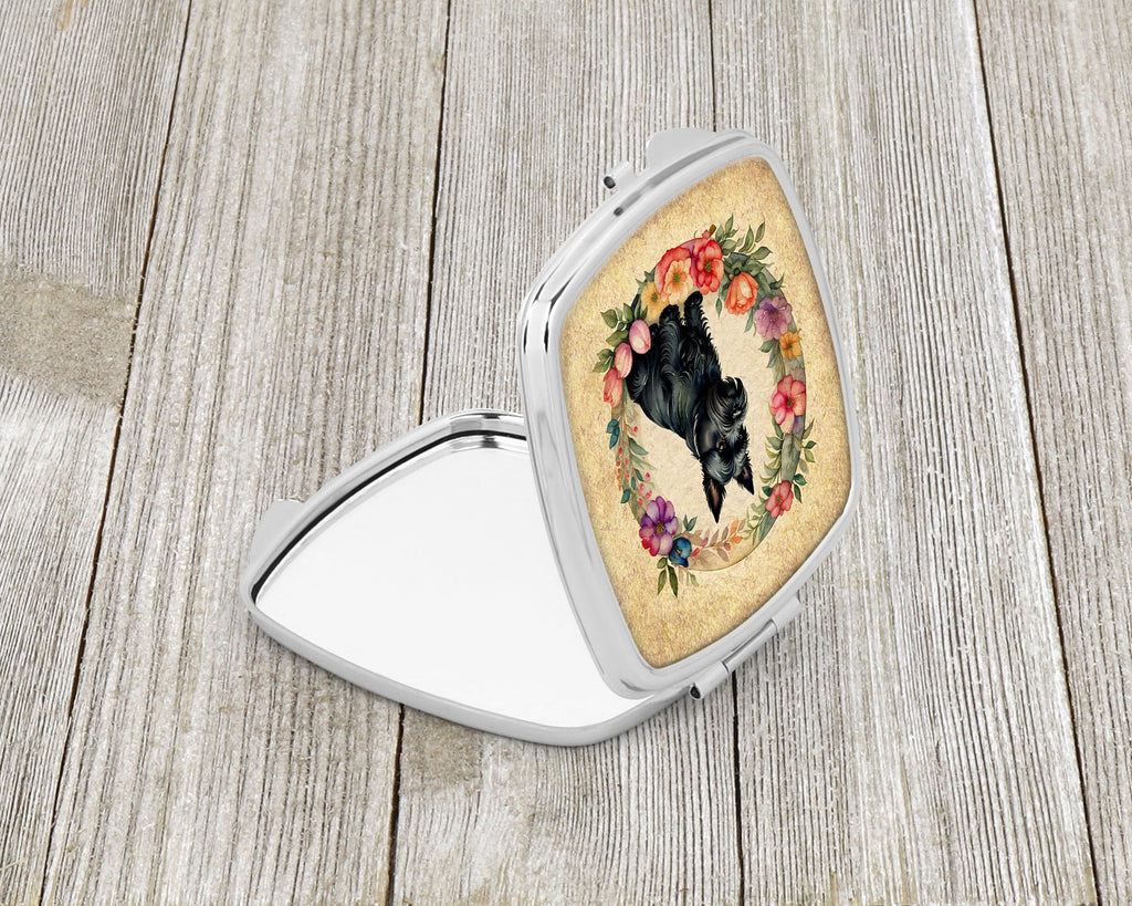 Scottish Terrier and Flowers Compact Mirror Decorative Travel Makeup Mirror for Women Girls Gifts Pocket Makeup Mirror Folding Handheld