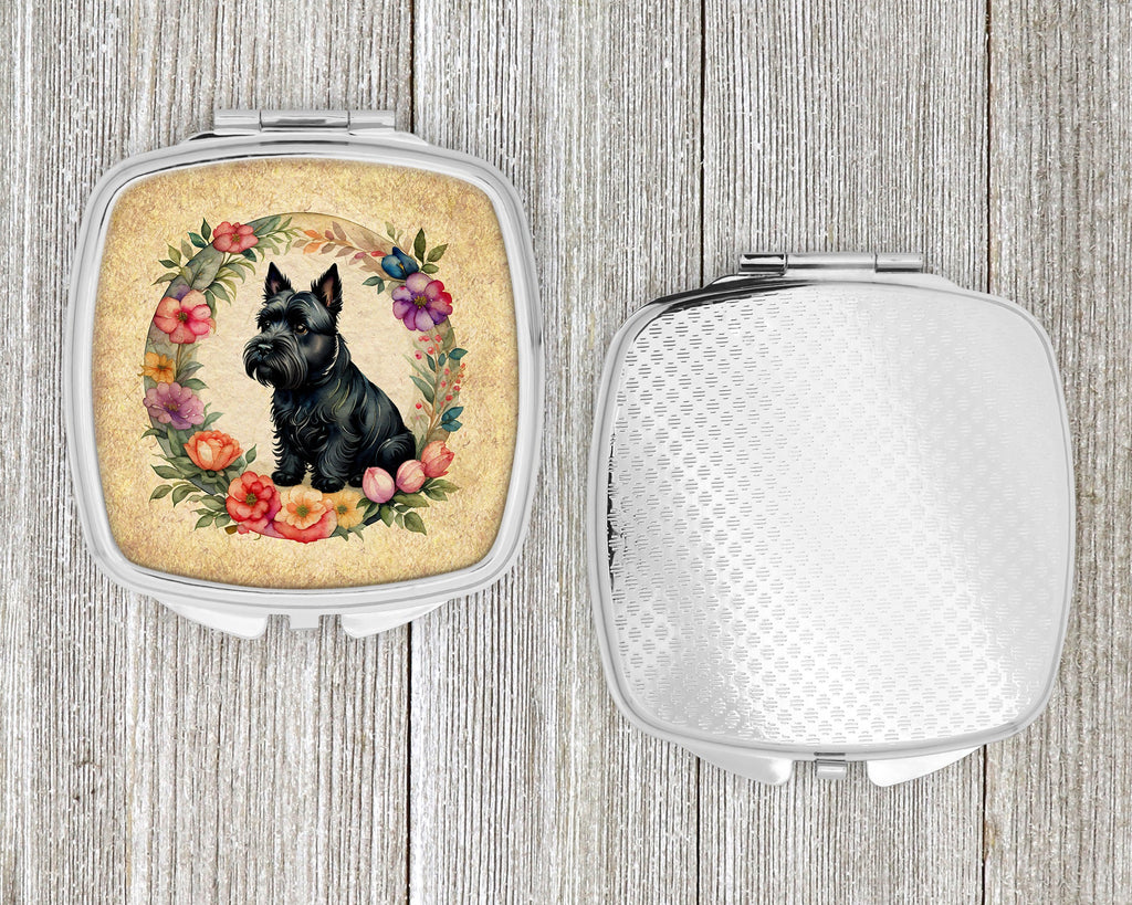 Scottish Terrier and Flowers Compact Mirror Decorative Travel Makeup Mirror for Women Girls Gifts Pocket Makeup Mirror Folding Handheld