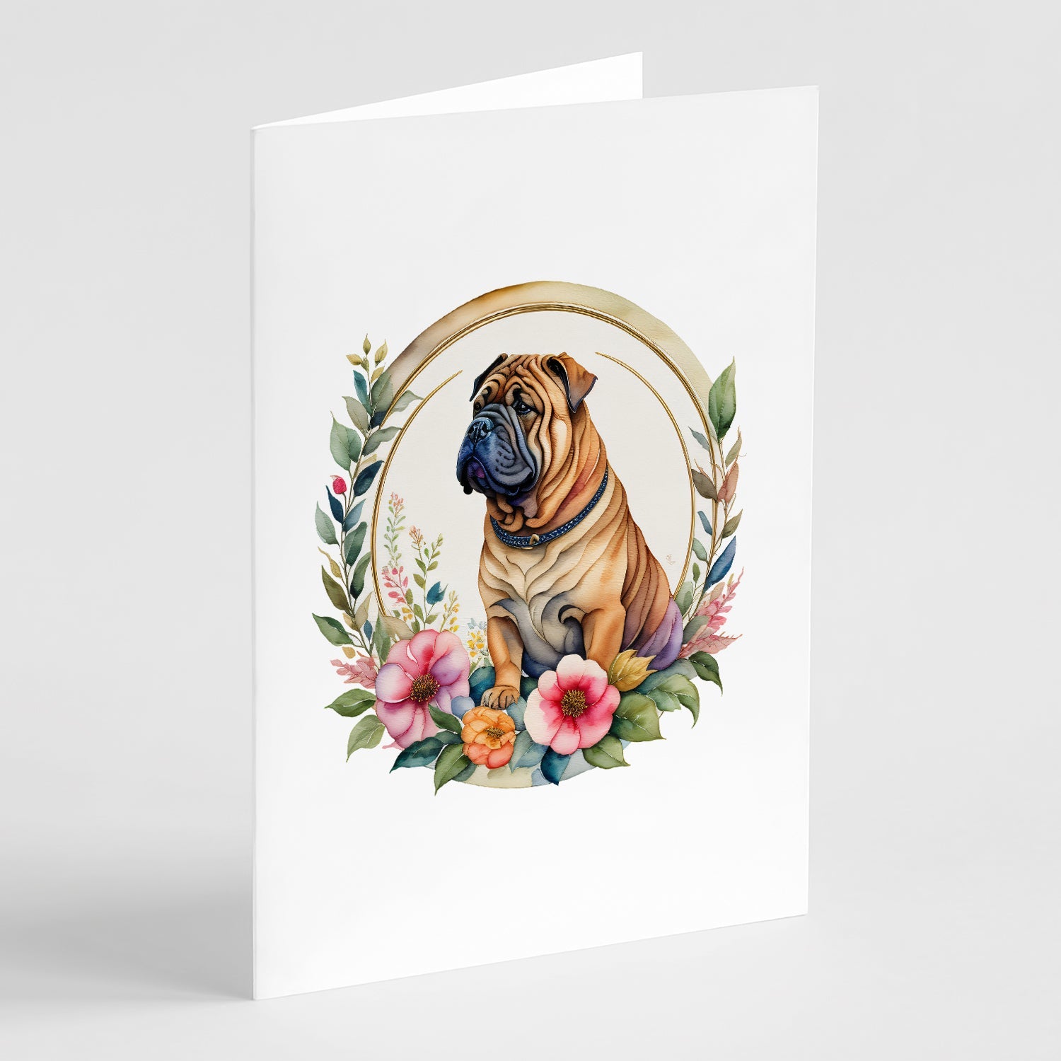 Shar Pei and Flowers Greeting Cards Pack of 8 Blank Cards with Envelopes Whimsical A7 Size 5x7