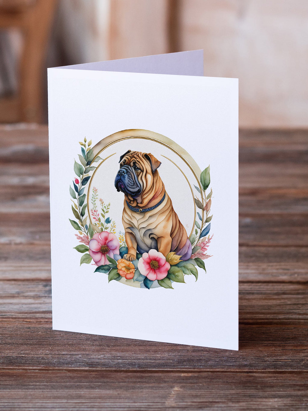Shar Pei and Flowers Greeting Cards Pack of 8 Blank Cards with Envelopes Whimsical A7 Size 5x7
