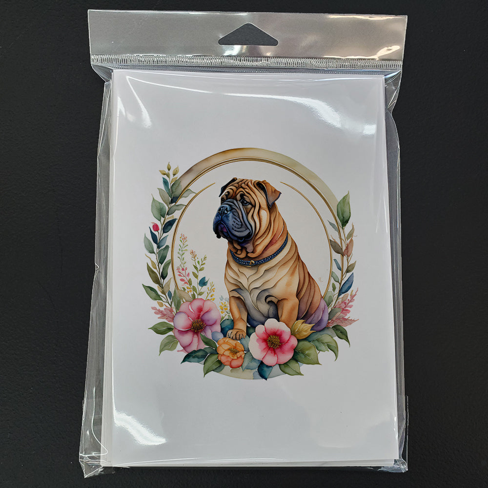 Shar Pei and Flowers Greeting Cards Pack of 8 Blank Cards with Envelopes Whimsical A7 Size 5x7