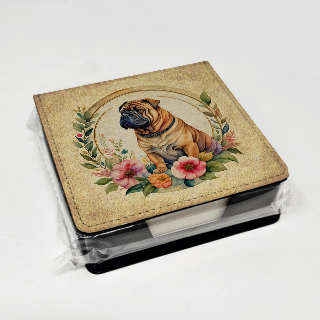 Shar Pei and Flowers PU Leather Note Paper Holder with Artist-Designed Cover, Desk Accessory, Office Gift