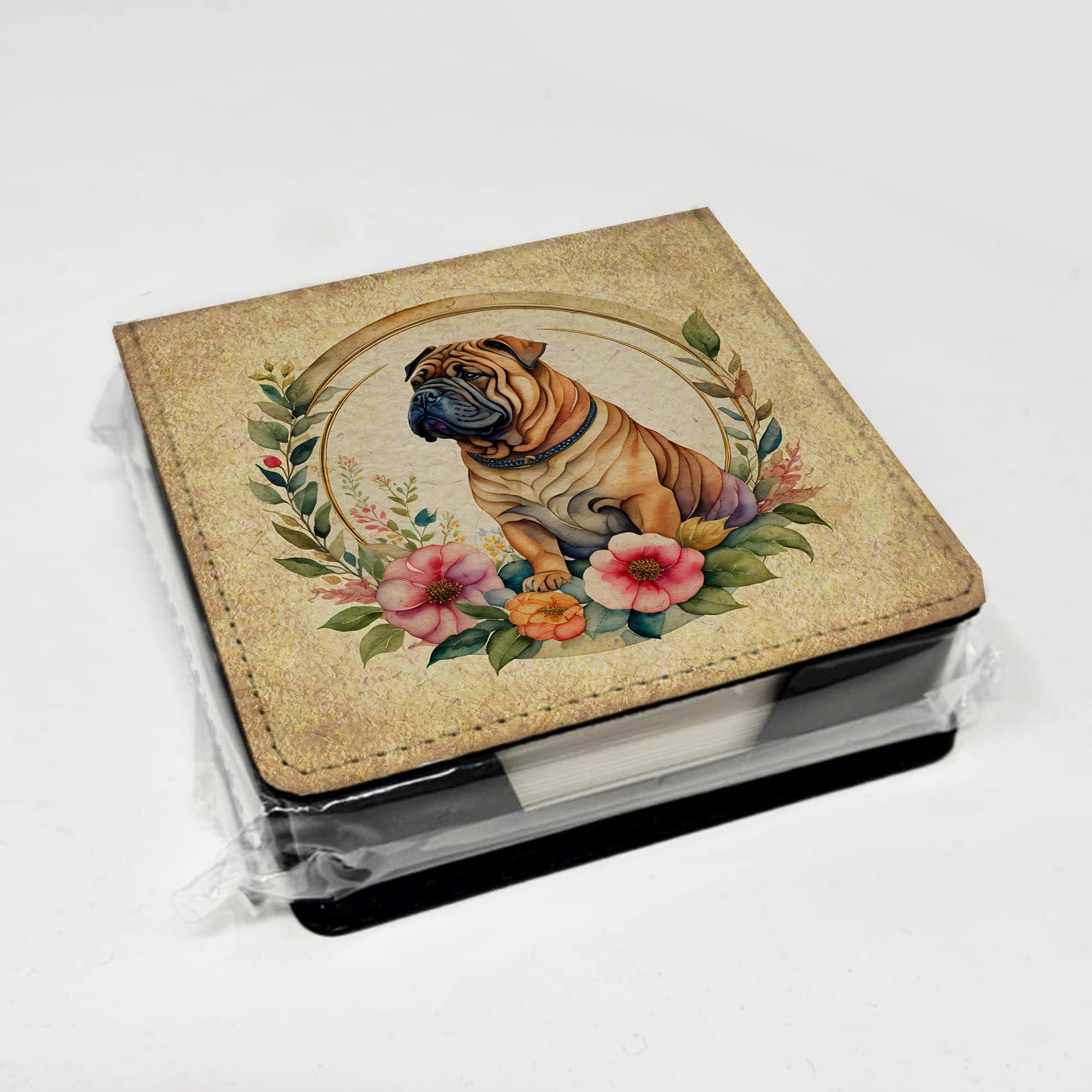 Shar Pei and Flowers PU Leather Note Paper Holder with Artist-Designed Cover, Desk Accessory, Office Gift