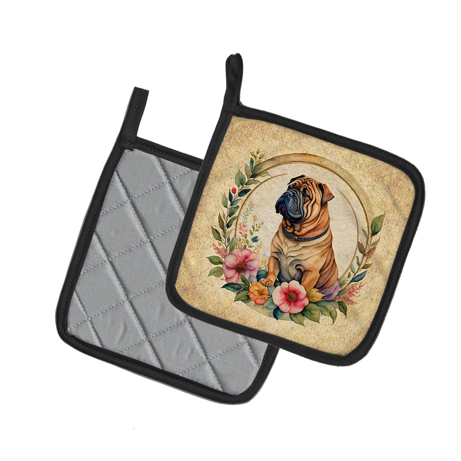 Shar Pei and Flowers Pot Holder Set of 2 Heat Resistant Quilted Hot Pads 7.5 x 7.5 Inch, Insulated Kitchen Trivets for Cooking & Baking