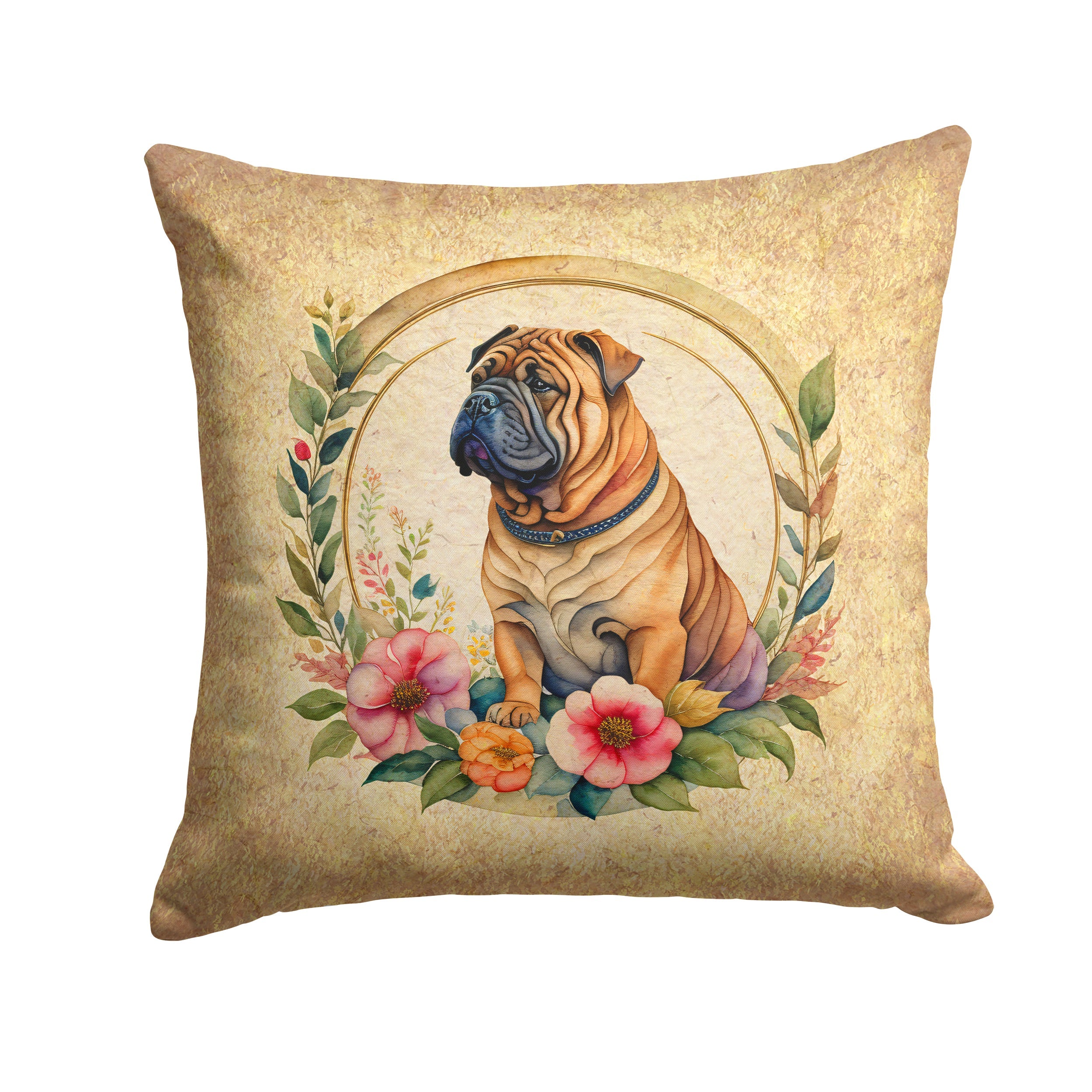 Shar Pei and Flowers Decorative Throw Pillow 14x14 Indoor Outdoor Accent Cushion, Fabric Cover with Insert for Sofa, Bed, Porch & Living Room