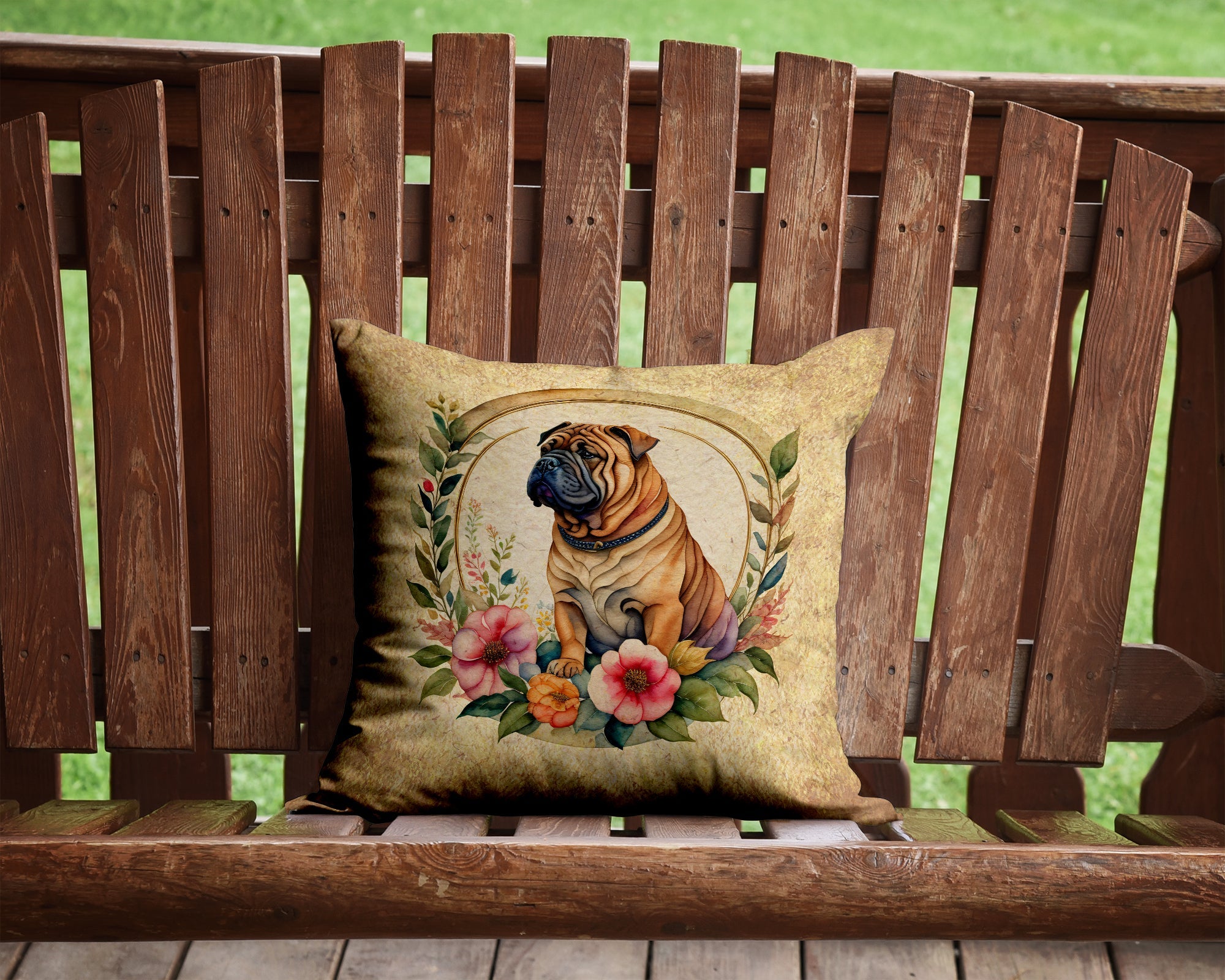 Shar Pei and Flowers Decorative Throw Pillow 14x14 Indoor Outdoor Accent Cushion, Fabric Cover with Insert for Sofa, Bed, Porch & Living Room