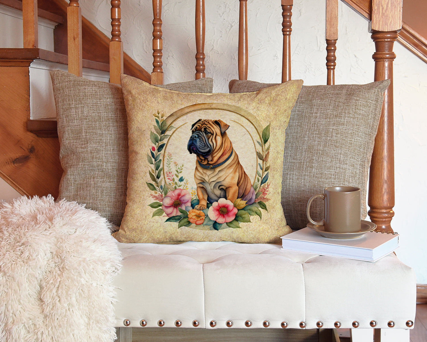 Shar Pei and Flowers Decorative Throw Pillow 14x14 Indoor Outdoor Accent Cushion, Fabric Cover with Insert for Sofa, Bed, Porch & Living Room