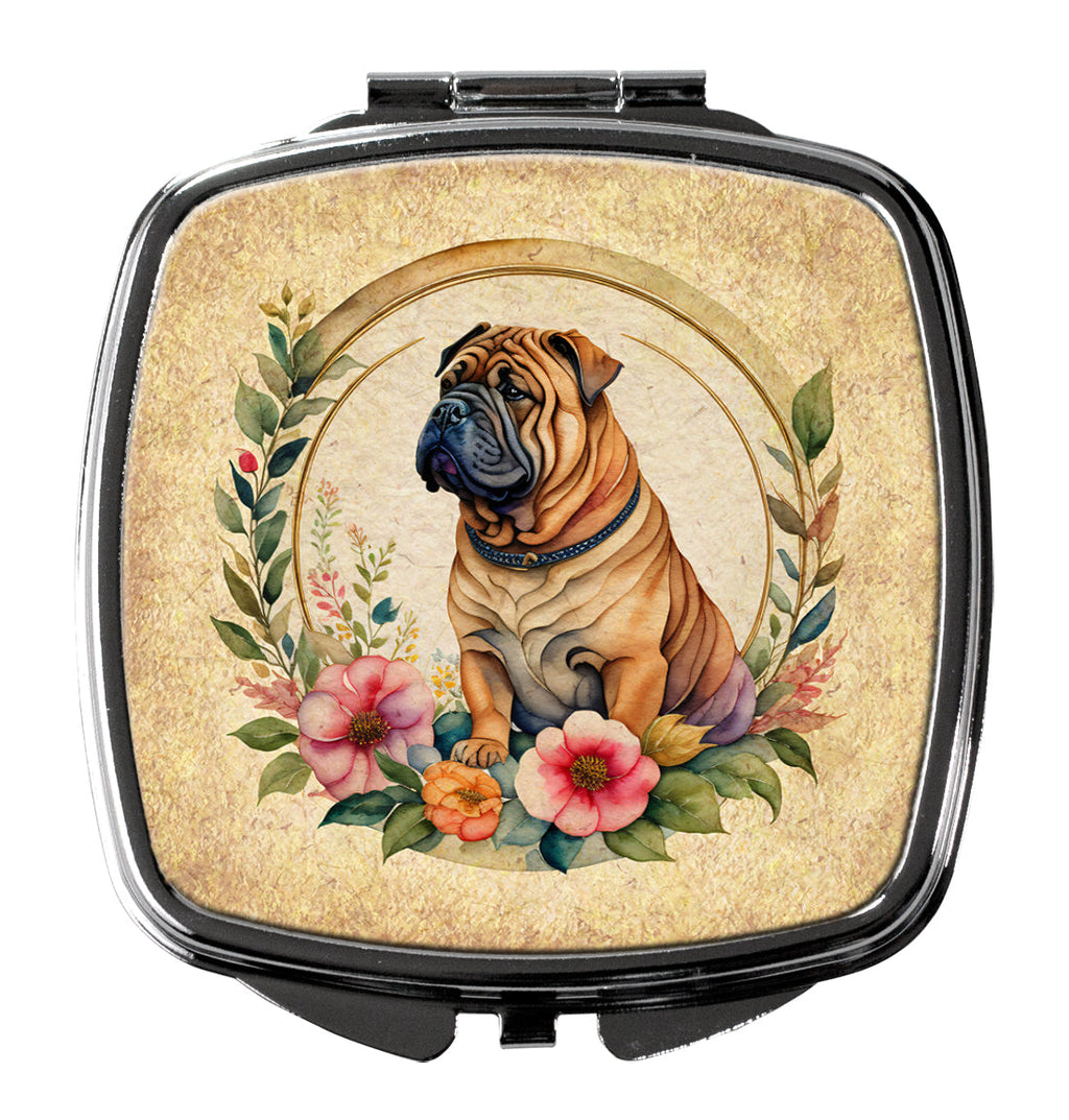 Shar Pei and Flowers Compact Mirror Decorative Travel Makeup Mirror for Women Girls Gifts Pocket Makeup Mirror Folding Handheld