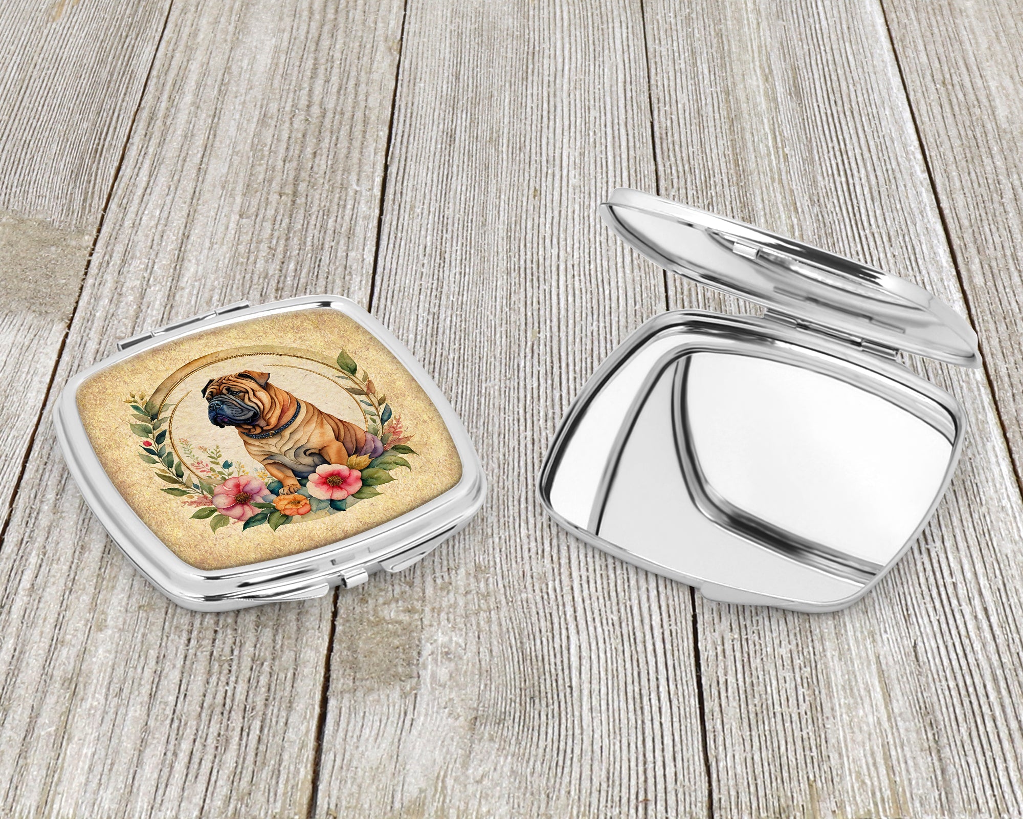 Shar Pei and Flowers Compact Mirror Decorative Travel Makeup Mirror for Women Girls Gifts Pocket Makeup Mirror Folding Handheld