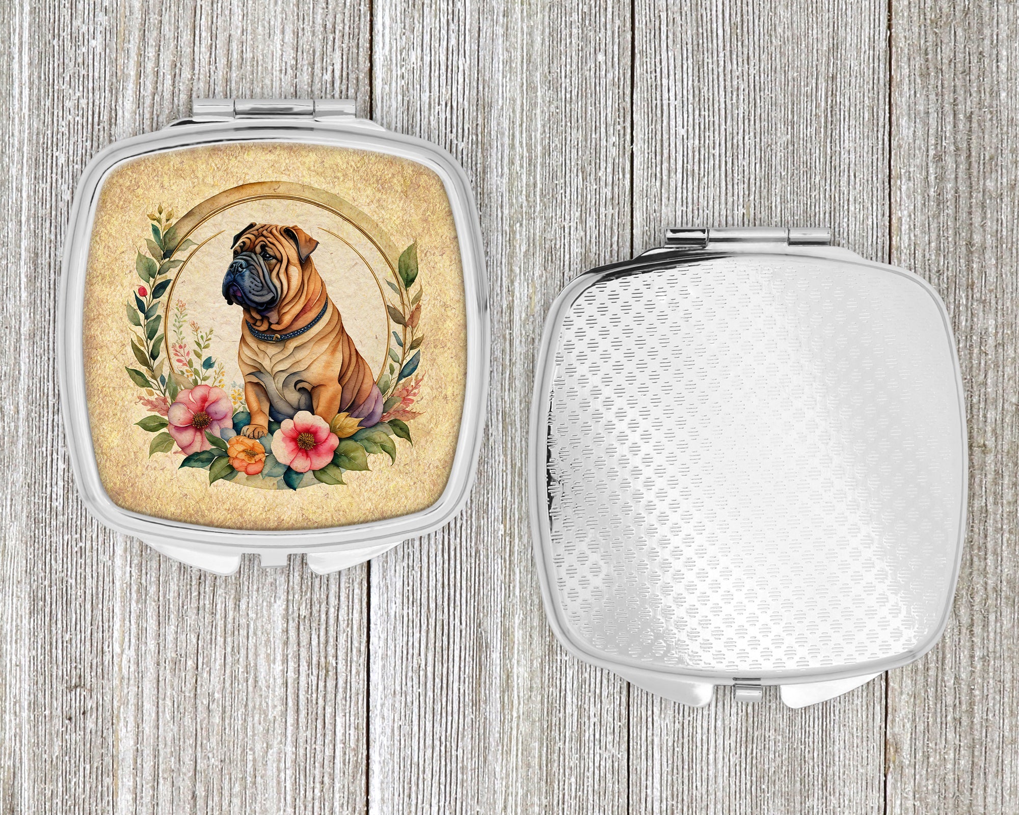 Shar Pei and Flowers Compact Mirror Decorative Travel Makeup Mirror for Women Girls Gifts Pocket Makeup Mirror Folding Handheld
