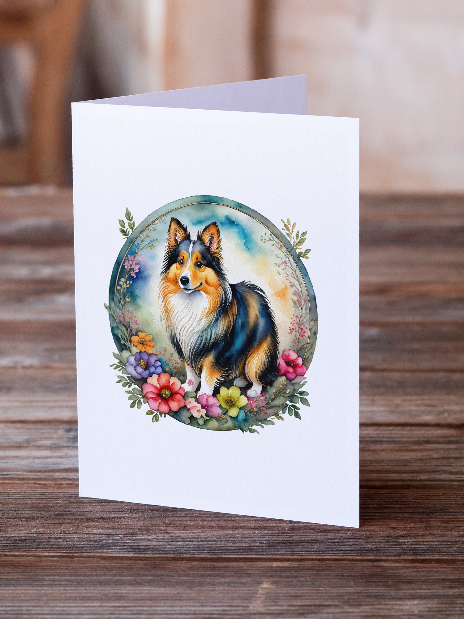 Sheltie and Flowers Greeting Cards Pack of 8 Blank Cards with Envelopes Whimsical A7 Size 5x7
