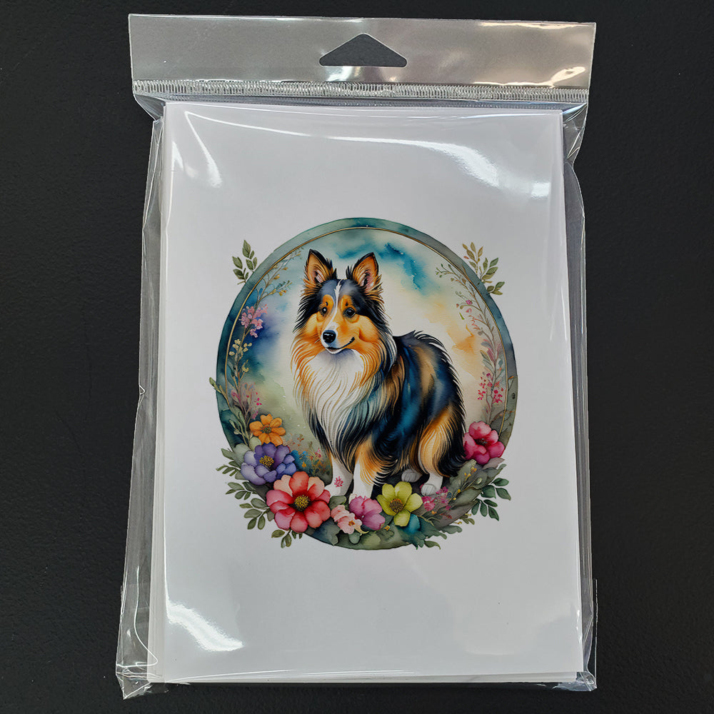 Sheltie and Flowers Greeting Cards Pack of 8 Blank Cards with Envelopes Whimsical A7 Size 5x7